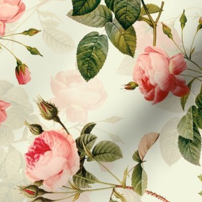 Nostalgic Light Peach Roses, Antique Flowers Bouquets,vintage home decor,  English Roses Fabric light cream 