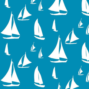 Gliding Sailboats, Minimal Seascape, White on Ocean Blue