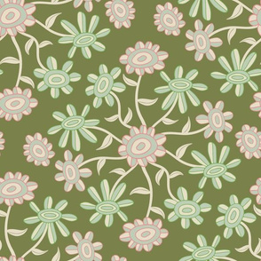 Teeny Daisy Bouquet Kids Daisy Floral Botanical Damask in Earthy Green Pink on Olive - UnBlink Studio by Jackie Tahara