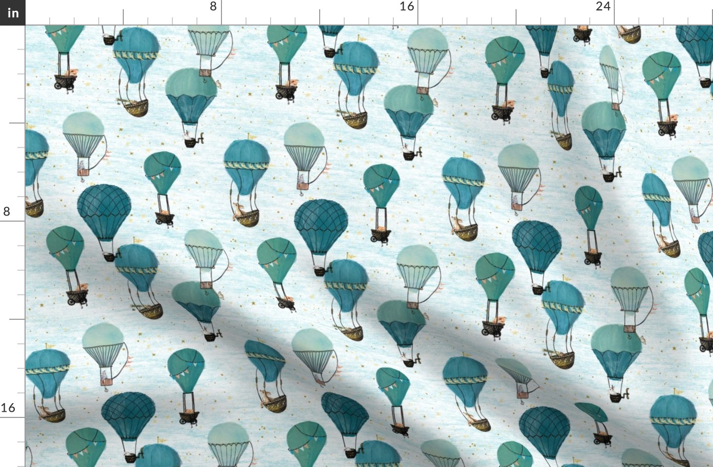 Small Scale Forest Animal Hot Air Balloon Ride Day Adventure, turquoise, Vintage unisex kids nursery 