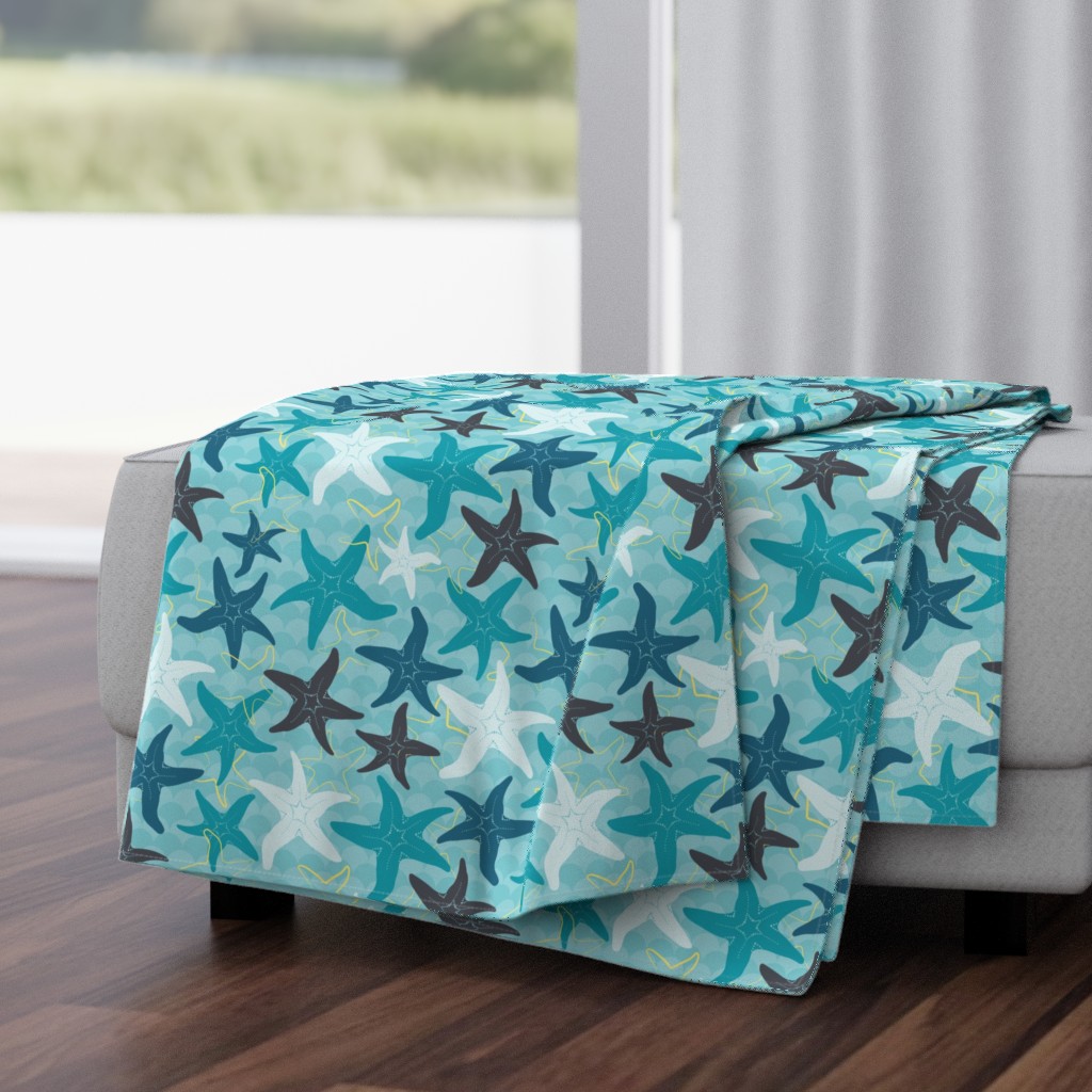 Sea Stars on Scallop Background - Multi Teal and Grey with Yellow Highlights