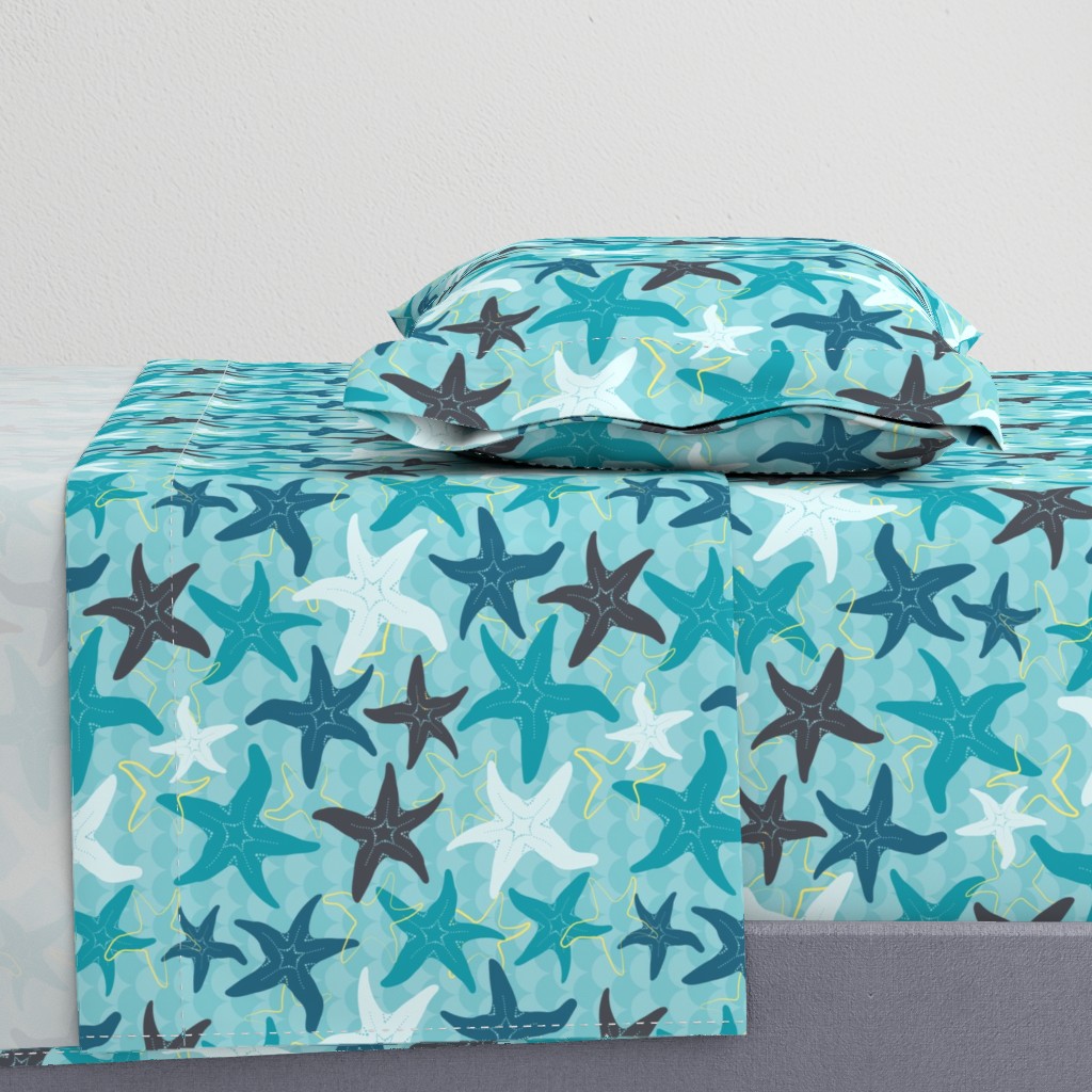 Sea Stars on Scallop Background - Multi Teal and Grey with Yellow Highlights