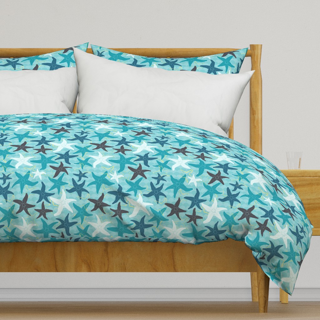 Sea Stars on Scallop Background - Multi Teal and Grey with Yellow Highlights