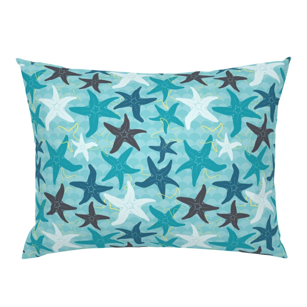 Sea Stars on Scallop Background - Multi Teal and Grey with Yellow Highlights