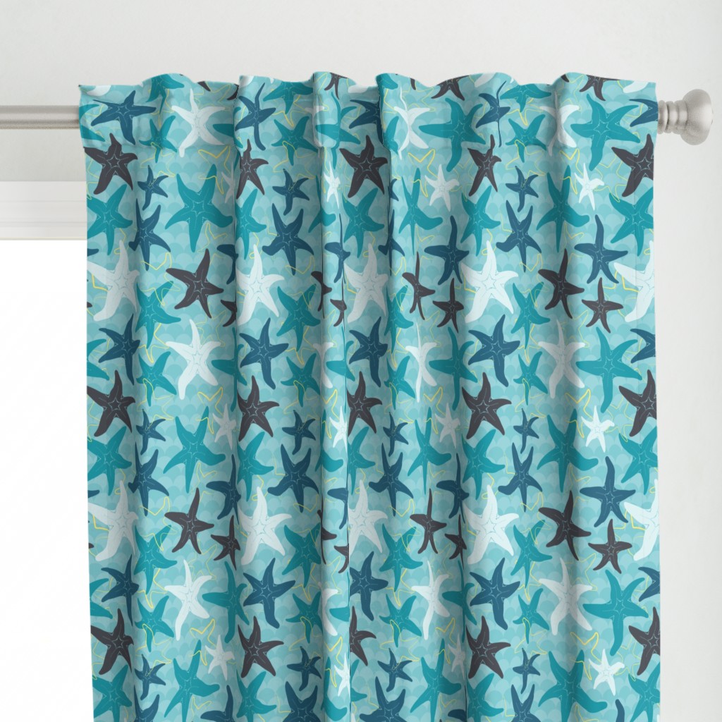 Sea Stars on Scallop Background - Multi Teal and Grey with Yellow Highlights