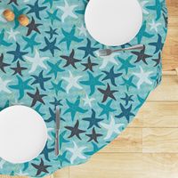 Sea Stars on Scallop Background - Multi Teal and Grey with Yellow Highlights