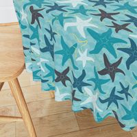 Sea Stars on Scallop Background - Multi Teal and Grey with Yellow Highlights