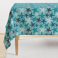 Sea Stars on Scallop Background - Multi Teal and Grey with Yellow Highlights