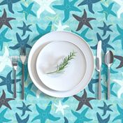 Sea Stars on Scallop Background - Multi Teal and Grey with Yellow Highlights