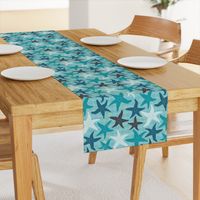 Sea Stars on Scallop Background - Multi Teal and Grey with Yellow Highlights