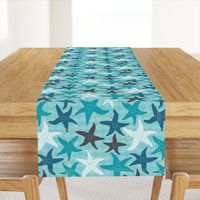 Sea Stars on Scallop Background - Multi Teal and Grey with Yellow Highlights