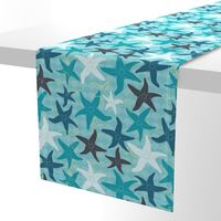 Sea Stars on Scallop Background - Multi Teal and Grey with Yellow Highlights