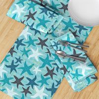 Sea Stars on Scallop Background - Multi Teal and Grey with Yellow Highlights