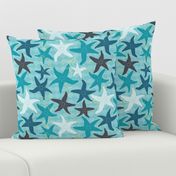 Sea Stars on Scallop Background - Multi Teal and Grey with Yellow Highlights