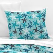 Sea Stars on Scallop Background - Multi Teal and Grey with Yellow Highlights