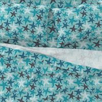 Sea Stars on Scallop Background - Multi Teal and Grey with Yellow Highlights