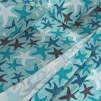 Sea Stars on Scallop Background - Multi Teal and Grey with Yellow Highlights