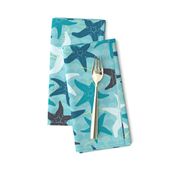 Sea Stars on Scallop Background - Multi Teal and Grey with Yellow Highlights