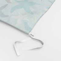 Sea Stars on Scallop Background - Multi Teal and Grey with Yellow Highlights