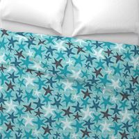 Sea Stars on Scallop Background - Multi Teal and Grey with Yellow Highlights