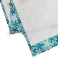 Sea Stars on Scallop Background - Multi Teal and Grey with Yellow Highlights