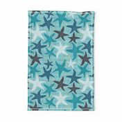 Sea Stars on Scallop Background - Multi Teal and Grey with Yellow Highlights