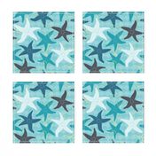 Sea Stars on Scallop Background - Multi Teal and Grey with Yellow Highlights