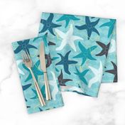 Sea Stars on Scallop Background - Multi Teal and Grey with Yellow Highlights