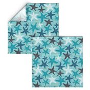 Sea Stars on Scallop Background - Multi Teal and Grey with Yellow Highlights