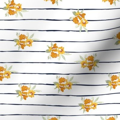 Medium Spring Yellow flowers on blue stripes golden yellow floral stripes