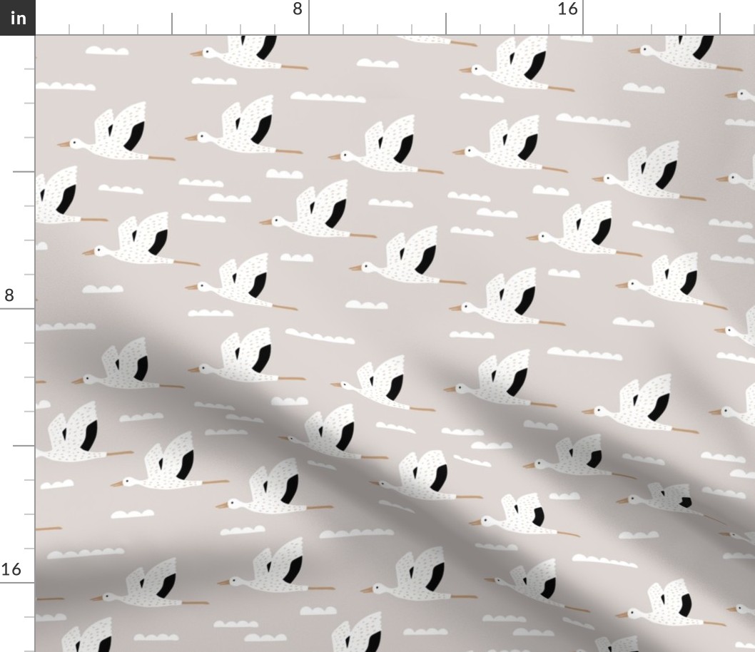 Birds and clouds in the sky Scandinavian crane and stork design gender neutral beige rust