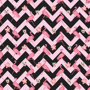 Black and pink Zig Zag With Flamingos and hawaiian flowers Pattern
