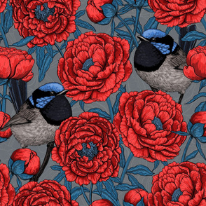 Peonies and wrens