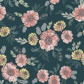 sierra floral - block print floral fabric, woodcut floral, linocut floral fabric, block print fabric, andrea lauren design fabric, home decor fabric, interior design, floral  girls nursery fabric - blue