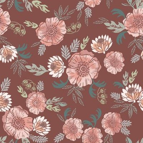 sierra floral - block print floral fabric, woodcut floral, linocut floral fabric, block print fabric, andrea lauren design fabric, home decor fabric, interior design, floral  girls nursery fabric - dark