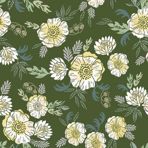 sierra floral - block print floral fabric, woodcut floral, linocut floral fabric, block print fabric, andrea lauren design fabric, home decor fabric, interior design, floral  girls nursery fabric -  dark green