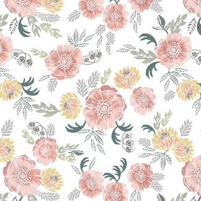 LARGE sierra floral - block print floral fabric, woodcut floral, linocut floral fabric, block print fabric, andrea lauren design fabric, home decor fabric, interior design, floral  girls nursery fabric - white