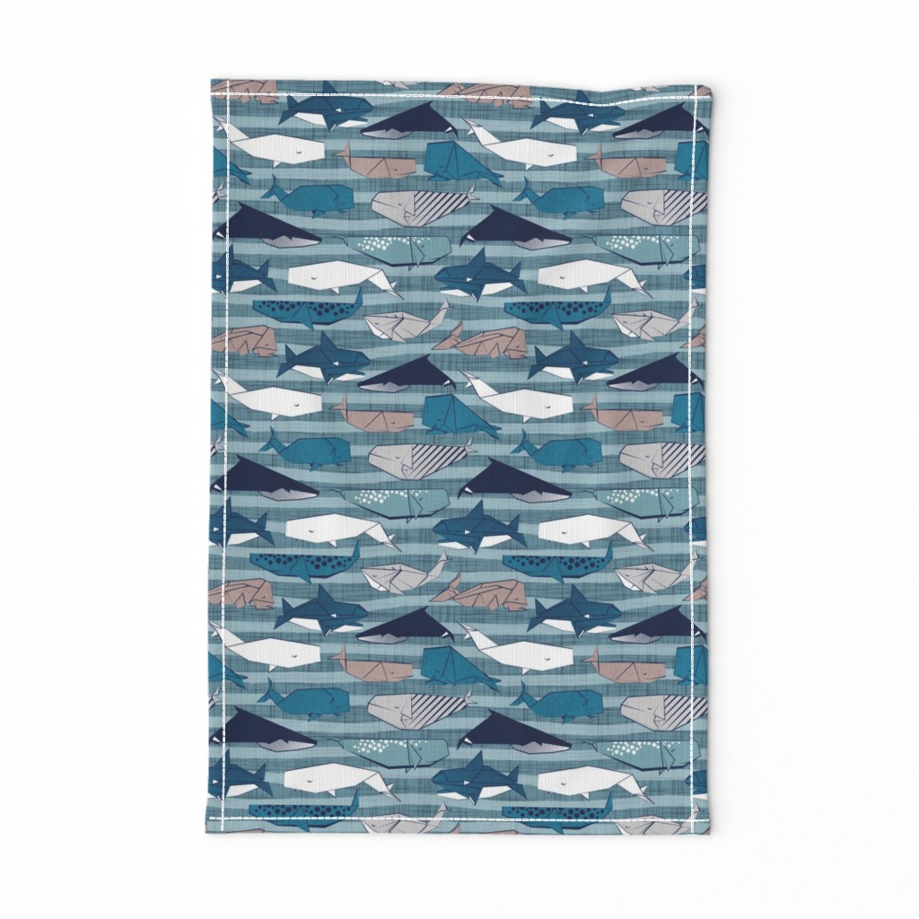 Origami Sea // small scale // linen texture and nautical stripes background teal white and taupe whales