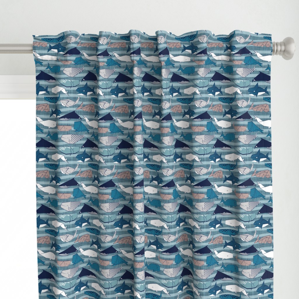 Origami Sea // small scale // linen texture and nautical stripes background teal white and taupe whales