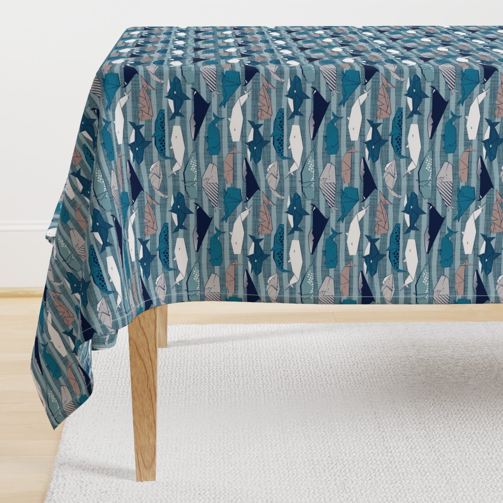 Origami Sea // small scale // linen texture and nautical stripes background teal white and taupe whales