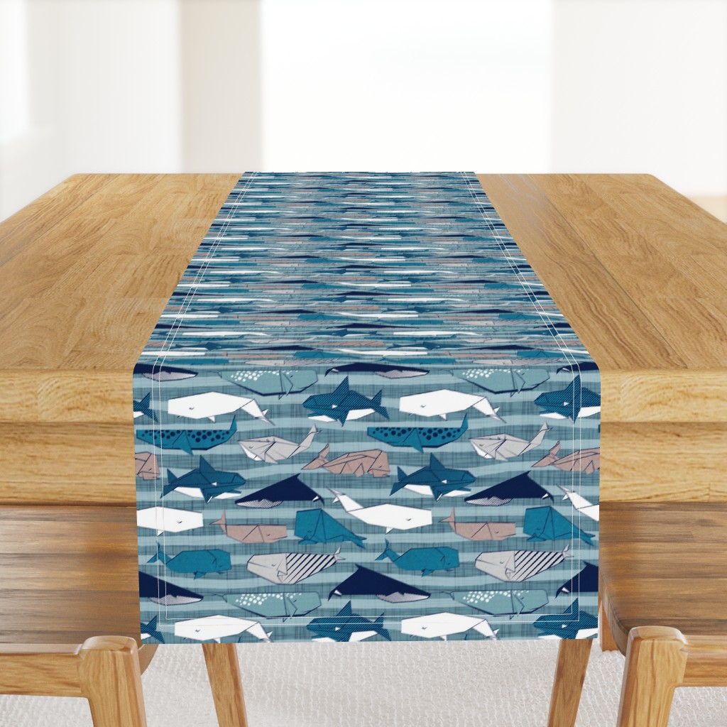 Origami Sea // small scale // linen texture and nautical stripes background teal white and taupe whales