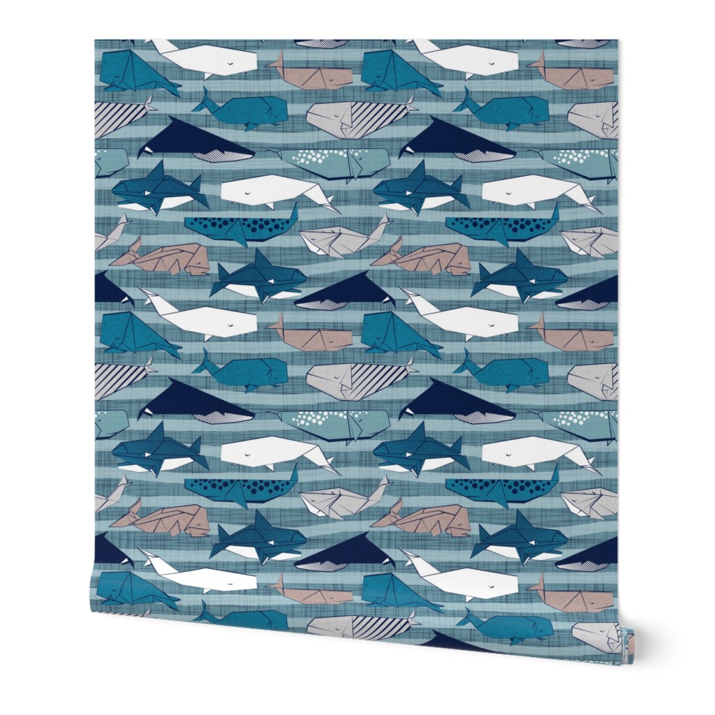 Origami Sea // small scale // linen texture and nautical stripes background teal white and taupe whales