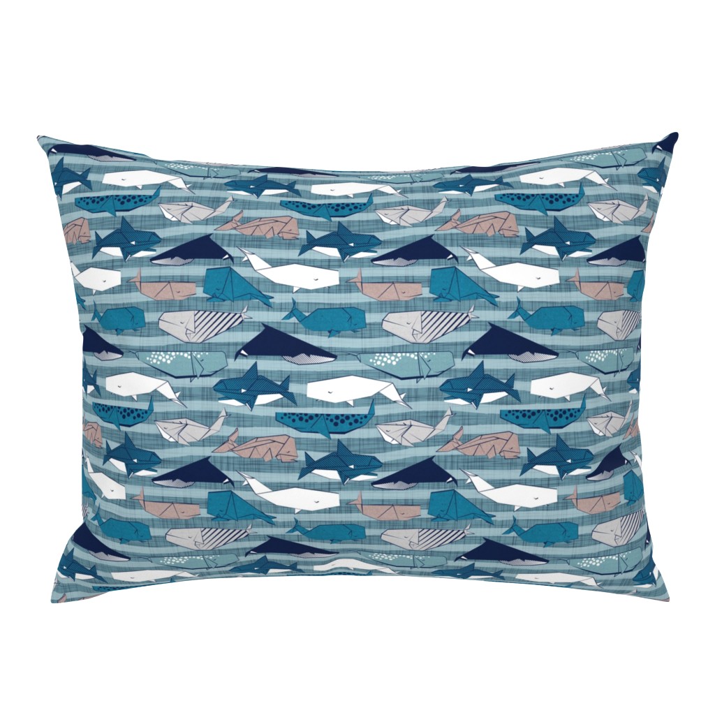 Origami Sea // small scale // linen texture and nautical stripes background teal white and taupe whales