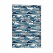 Origami Sea // small scale // linen texture and nautical stripes background teal white and taupe whales