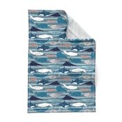 Origami Sea // small scale // linen texture and nautical stripes background teal white and taupe whales