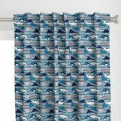 Origami Sea // small scale // linen texture and nautical stripes background teal white and taupe whales