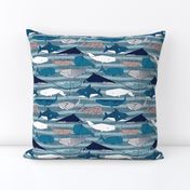 Origami Sea // small scale // linen texture and nautical stripes background teal white and taupe whales