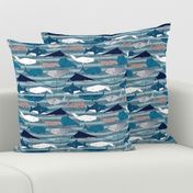 Origami Sea // small scale // linen texture and nautical stripes background teal white and taupe whales