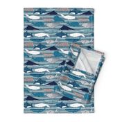 Origami Sea // small scale // linen texture and nautical stripes background teal white and taupe whales