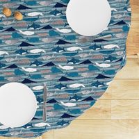 Origami Sea // small scale // linen texture and nautical stripes background teal white and taupe whales